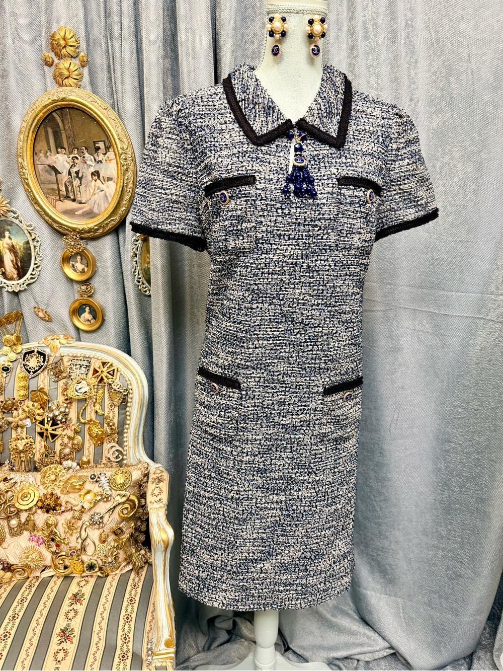 Classic Navy & White Tweed Polo Dress with Contrast Trim Size XL